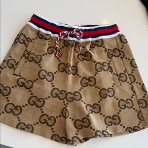 Gucci Beige GG Monogram Shorts with Red and Blue Waistband